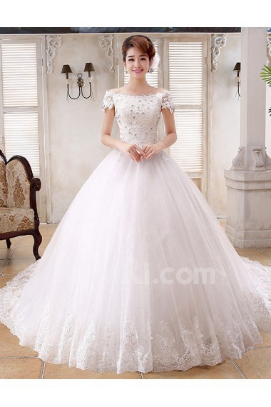 Lace and Tulle off-the-Shoulder Ball Gown Dress with Beading