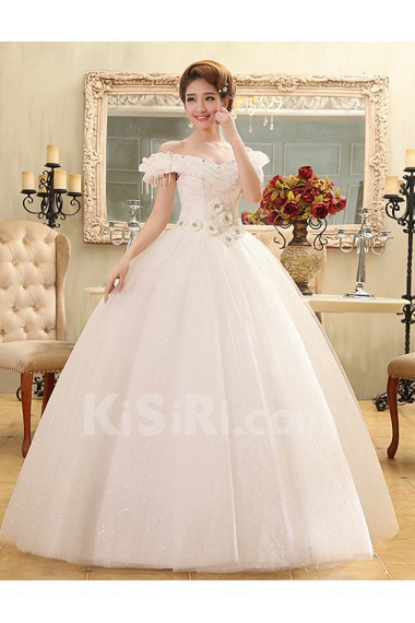 Lace and Tulle Off-the-Shoulder Ball Gown Dress with Handmade Flower