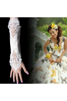 Satin Fingerless Elbow Length Wedding Gloves With Lace