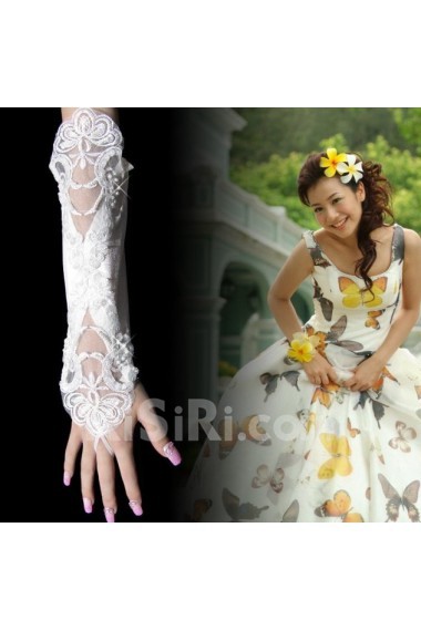 Satin Fingerless Elbow Length Wedding Gloves With Lace