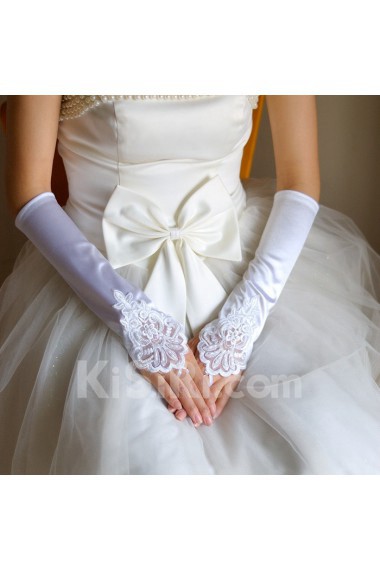 Satin Fingerless Elbow Length Wedding Gloves With Lace