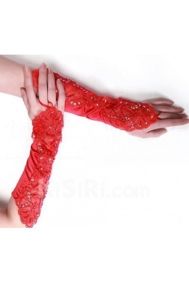 Satin Fingerless Elbow Length Wedding Gloves With Lace beads