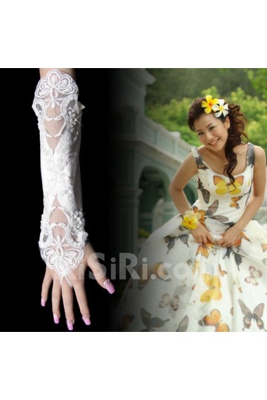 Satin Fingerless Elbow Length Wedding Gloves With Lace