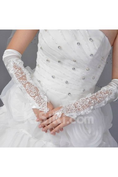 Satin Fingerless Elbow Length Wedding Gloves With Lace