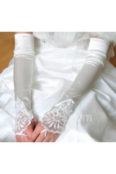 Satin Fingerless Opera Length Wedding Gloves With Lace