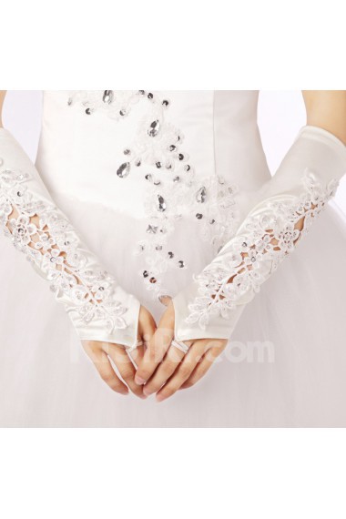 Satin Fingerless Elbow Length Wedding Gloves With Lace Rhinestone