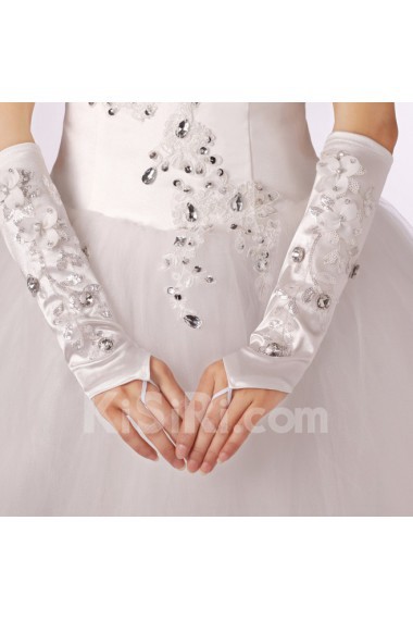 Satin Fingerless Elbow Length Wedding Gloves With Lace Rhinestone