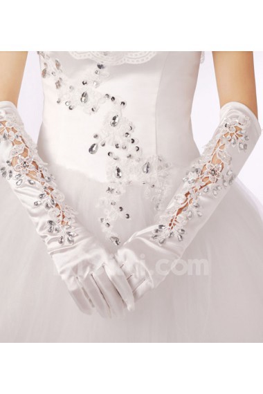 Satin Fingertips Elbow Length Wedding Gloves With Lace Rhinestone