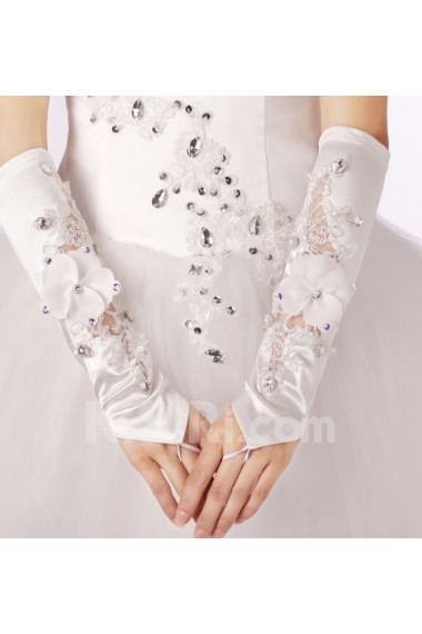 Satin Fingerless Elbow Length Wedding Gloves With Lace Rhinestone