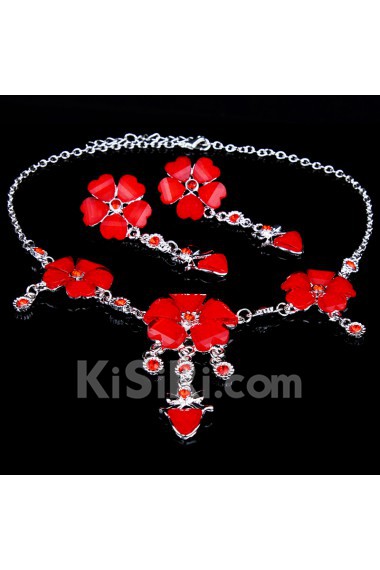 Red Zircons and Rhinestones with Alloy Wedding Jewelry Set, Including Earrings and Necklace