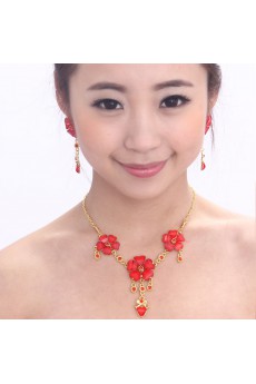 Red Zircons and Rhinestones with Alloy Wedding Jewelry Set, Including Earrings and Necklace