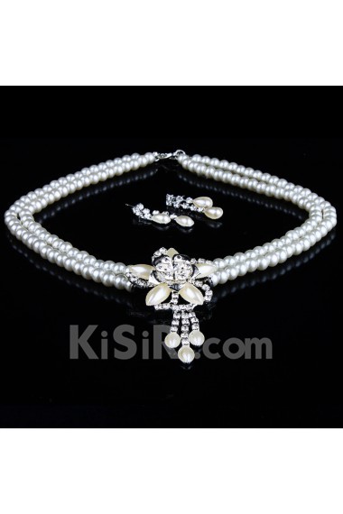 Flower Rhinestones and Pearls Ladies' Wedding Jewelry Set, Including Necklace and Earrings