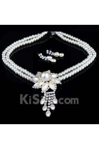 Beauitful Rhinestones and Pearls Flower Wedding Jewelry, Necklace and Earrings Set