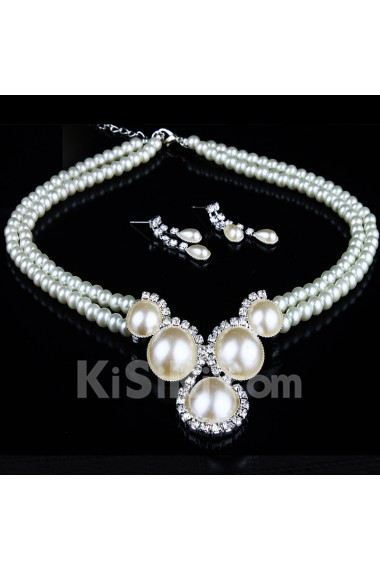 Fashion Rhinestones Wedding Jewelry Set with Pearls Necklace and Earrings 