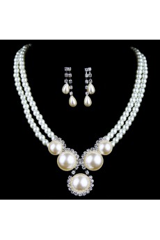 Fashion Rhinestones Wedding Jewelry Set with Pearls Necklace and Earrings 