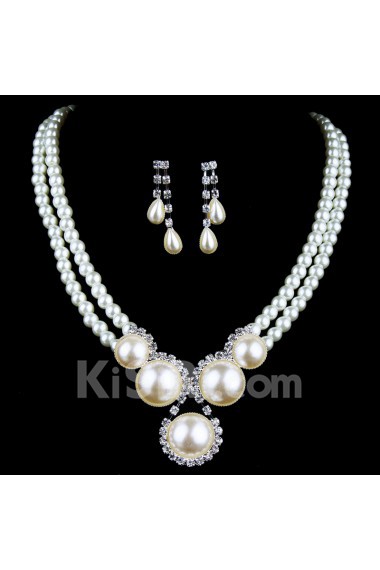 Fashion Rhinestones Wedding Jewelry Set with Pearls Necklace and Earrings 