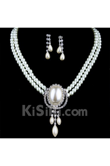 Shining Pearls and Rhinestones Wedding Jewelry Set, Including Earrings and Necklace