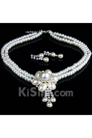 Fashion Wedding Jewelry Set,Including Flower Pearls Neckelace and Earrings with Rhinestones  