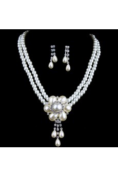 Fashion Wedding Jewelry Set,Including Flower Pearls Neckelace and Earrings with Rhinestones  