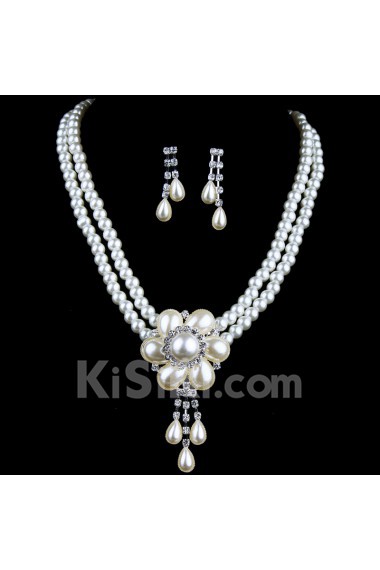 Fashion Wedding Jewelry Set,Including Flower Pearls Neckelace and Earrings with Rhinestones  