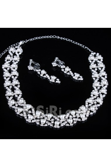 Shining Pearls and Rhinestones Wedding Jewelry Set, Including Earrings and Necklace