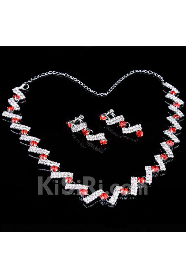 Red Rhinestones and Silver Alloy Wedding Jewelry Set,Including Necklace and Earrings