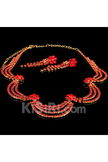 Red Rhinestones Flowers and Alloy Wedding Jewelry Set,Including Necklace and Earrings