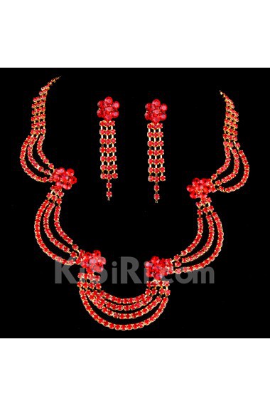 Red Rhinestones Flowers and Alloy Wedding Jewelry Set,Including Necklace and Earrings