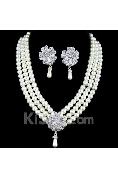 Rhinestones Flower and Pearls Wedding Jewelry Set,Including Earrings and Necklace