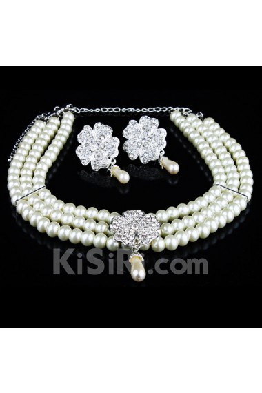 Rhinestones Flower and Pearls Wedding Jewelry Set,Including Earrings and Necklace