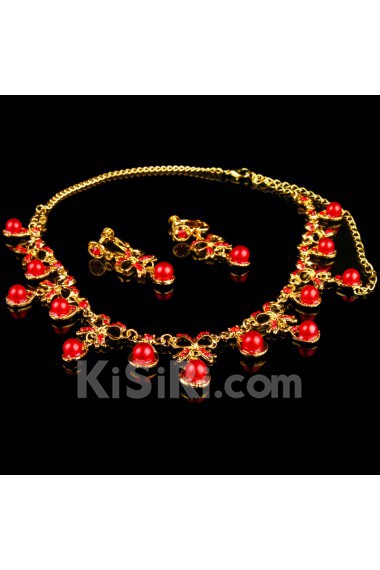 Red Rhinestones and Gold Alloy Wedding Jewelry Set,Including Necklace and Earrings