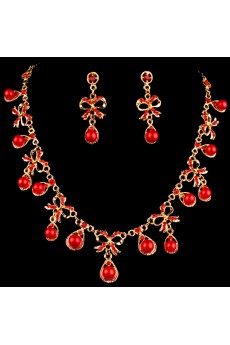 Red Rhinestones and Gold Alloy Wedding Jewelry Set,Including Necklace and Earrings