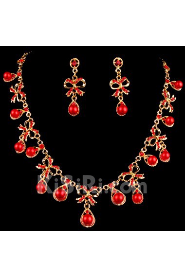 Red Rhinestones and Gold Alloy Wedding Jewelry Set,Including Necklace and Earrings