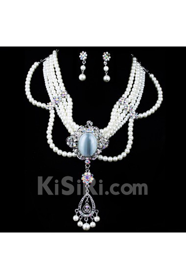 Rhinestones Wedding Jewelry Set with Shining Pearls and Rhinestones Earrings,Necklace