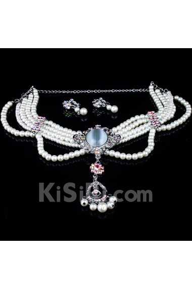 Rhinestones Wedding Jewelry Set with Shining Pearls and Rhinestones Earrings,Necklace