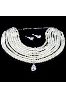 Gorgeous Wedding Jewelry Set - Pearls Necklace and Rhinestones Earrings