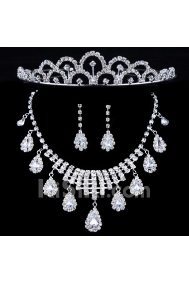 Fashion Alloy and Rhinestones Wedding Jewelry Set with Earring,Necklace and Tiara 