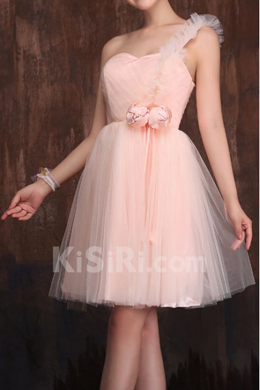 Net One-shoulder A-Line Dress with Handmade Flower