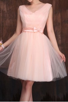 Net V-Neck A-Line Dress with Bow