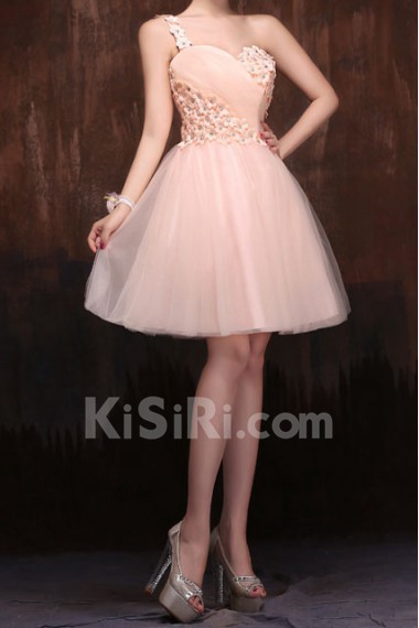 Satin One-shoulder A-Line Dress with Handmade Flower