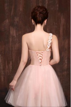 Satin One-shoulder A-Line Dress with Handmade Flower