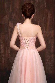 Satin One-shoulder A-Line Dress with Handmade Flower