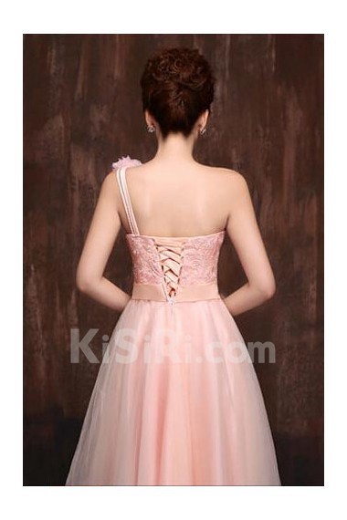 Satin One-shoulder A-Line Dress with Handmade Flower