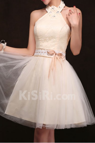 Satin High Collar A-Line Dress with Beading