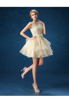 Organza, Lace Jewel Mini/Short Sleeveless A-line Dress with Flower, Bow