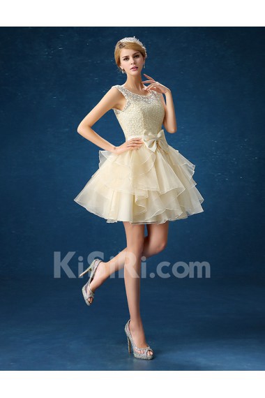 Organza, Lace Jewel Mini/Short Sleeveless A-line Dress with Flower, Bow