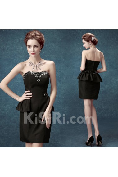 Satin Strapless Mini/Short Sleeveless Sheath Dress with Pearl, Sequins