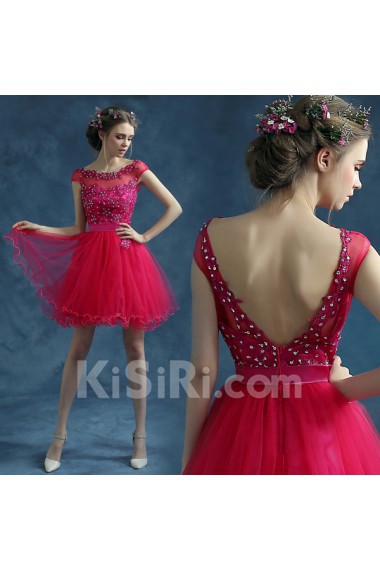 SequinsLace, Tulle Scoop Mini/Short Cap Sleeve Ball Gown Dress with Sequins