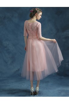 Lace, Chiffon, Tulle Jewel Tea-Length Half Sleeve A-line Dress with Embroidered, Bow