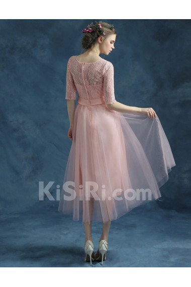 Lace, Chiffon, Tulle Jewel Tea-Length Half Sleeve A-line Dress with Embroidered, Bow